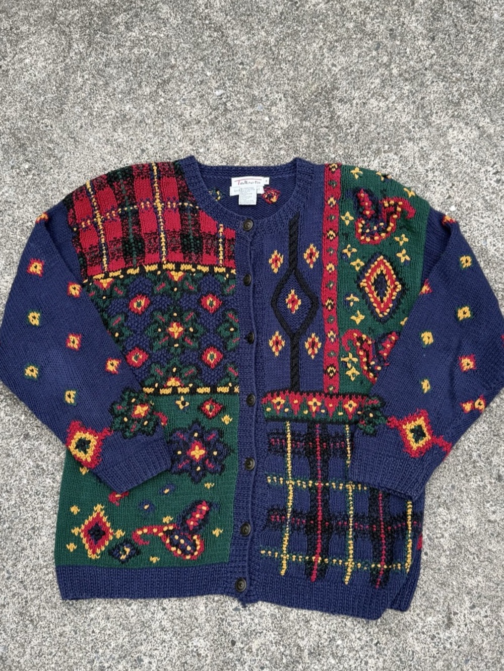 Vintage Talbots Cottagecore Patchwork Pattern Knit Cardigan Sweater Size M